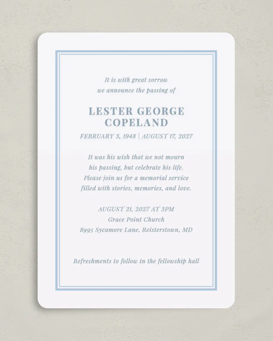 This is a 5" x 7" Celebration of Life Invitation called Forever in Frame printed in full color with Rose Gold foil on Luxe Satin (coated) paper