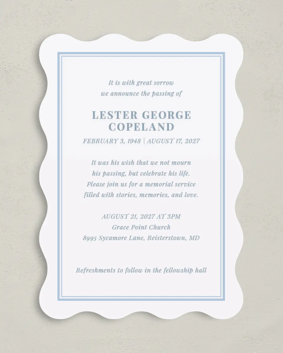 This is a 5" x 7" Celebration of Life Invitation called Forever in Frame printed in full color with Rose Gold foil on Luxe Satin (coated) paper