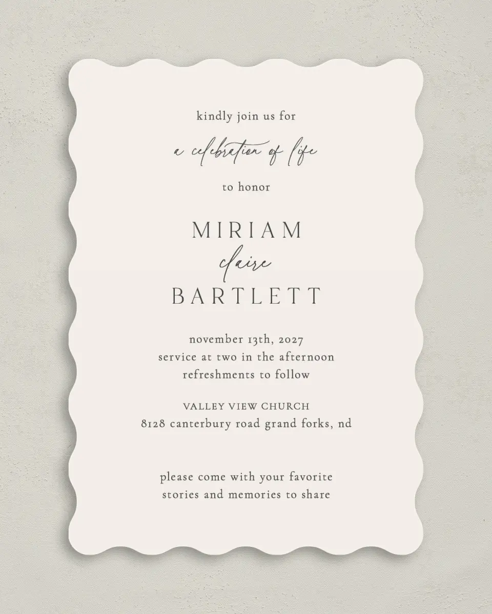 This is a 5" x 7" Celebration of Life Invitation called Cherished Life printed in full color with Gold foil on Luxe Satin (coated) paper