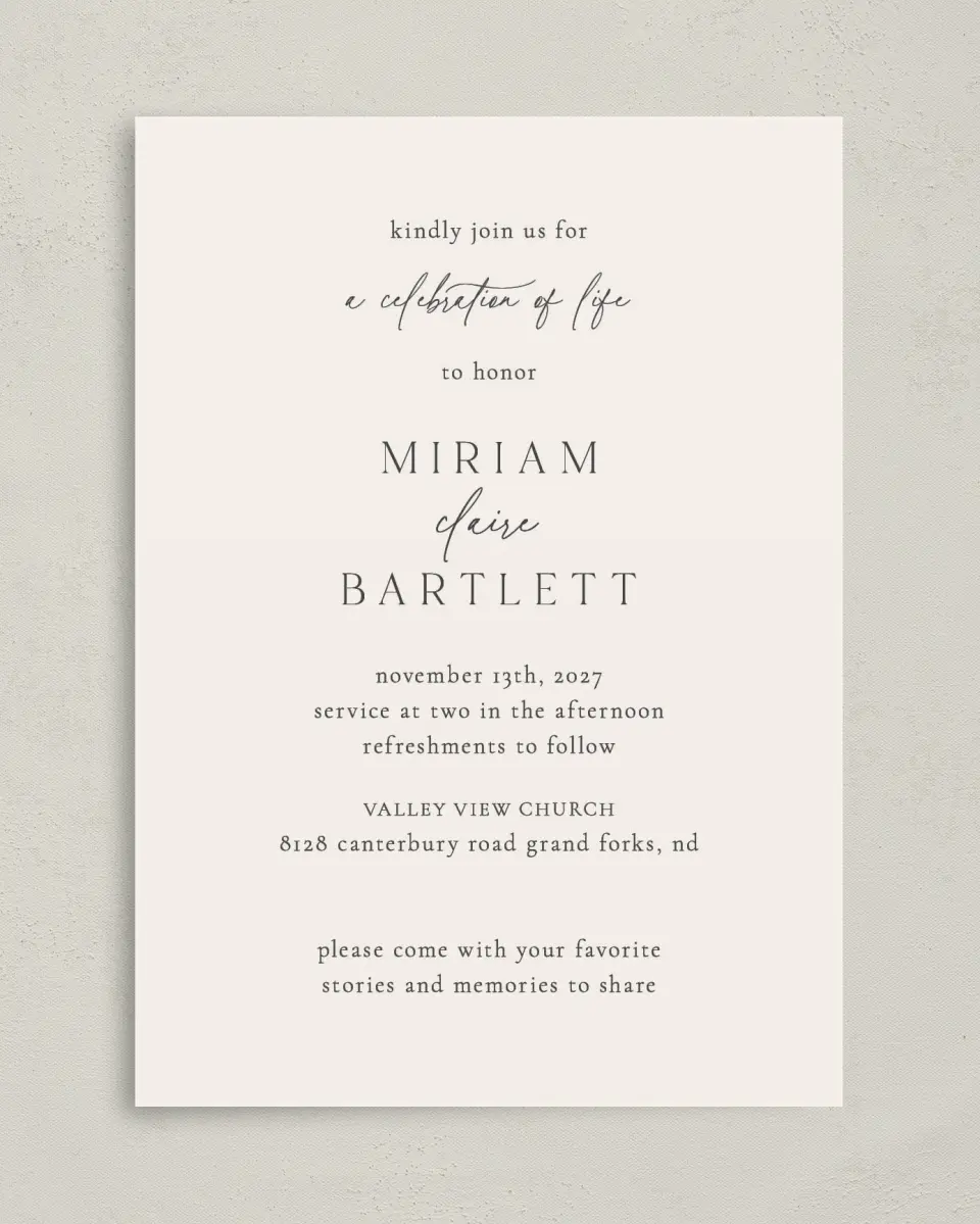 This is a 5" x 7" Celebration of Life Invitation called Cherished Life printed in full color on Premium Smooth paper