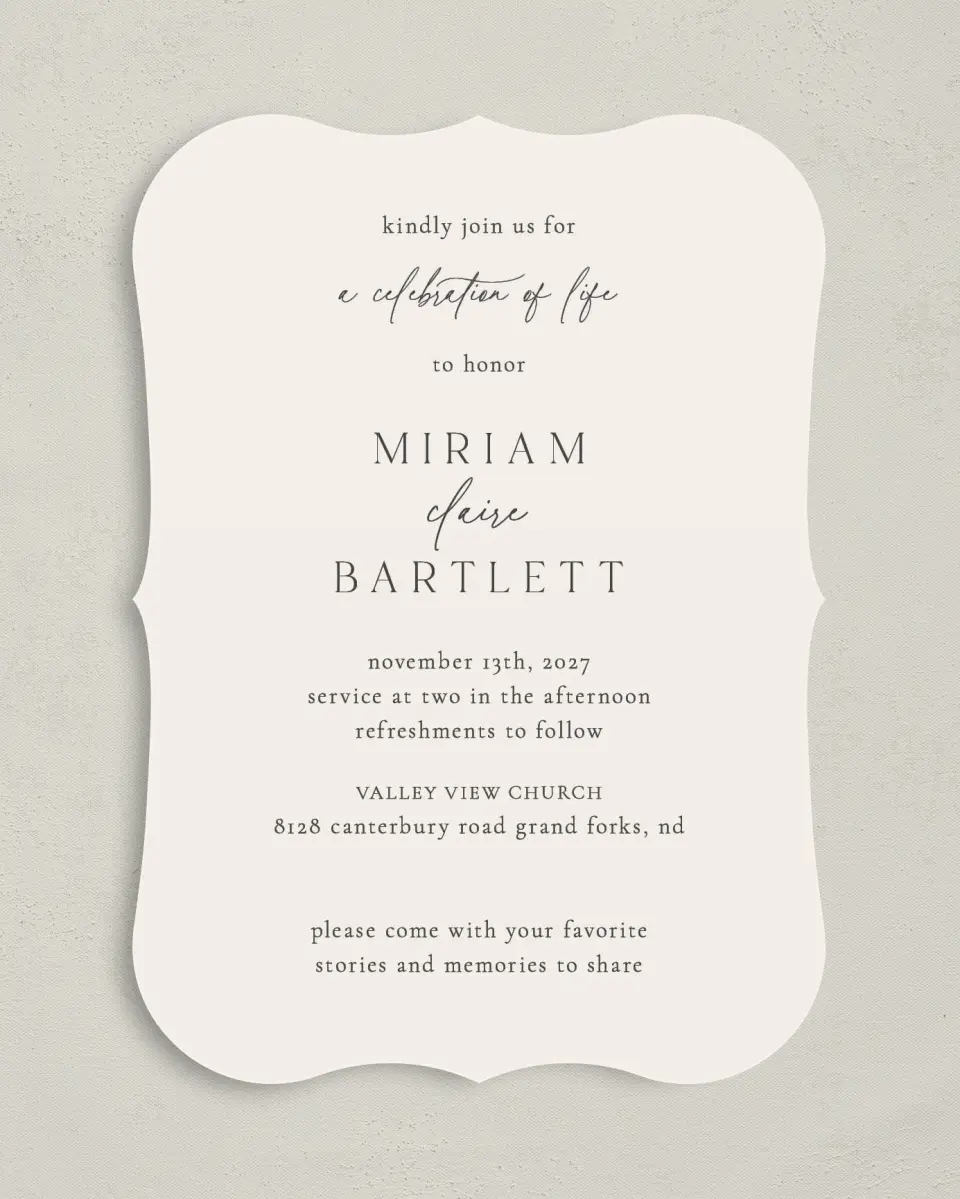 This is a 5" x 7" Celebration of Life Invitation called Cherished Life printed in full color on Premium Smooth paper