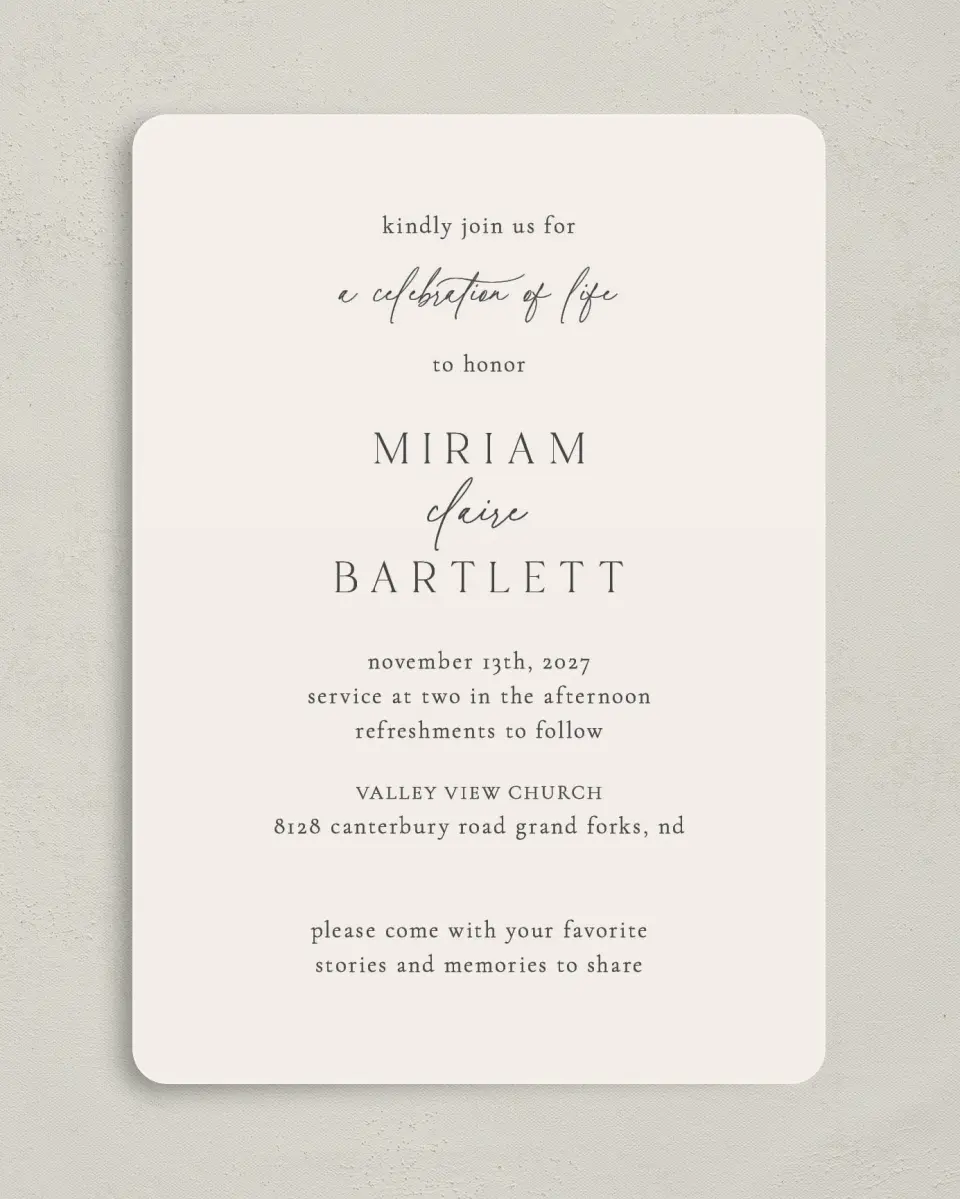 This is a 5" x 7" Celebration of Life Invitation called Cherished Life printed in full color with Rose Gold foil on Luxe Satin (coated) paper