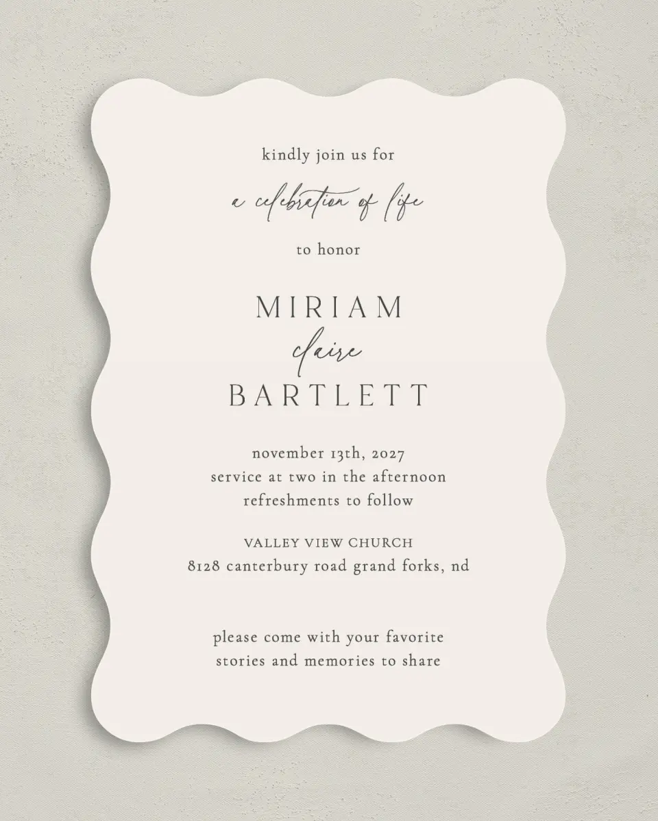 This is a 5" x 7" Celebration of Life Invitation called Cherished Life printed in full color with Rose Gold foil on Luxe Satin (coated) paper