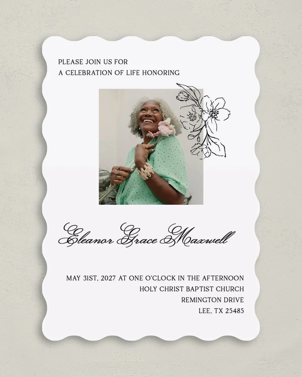 This is a 5" x 7" Celebration of Life Invitation called Peaceful Petals printed in full color with Gold foil on Luxe Satin (coated) paper