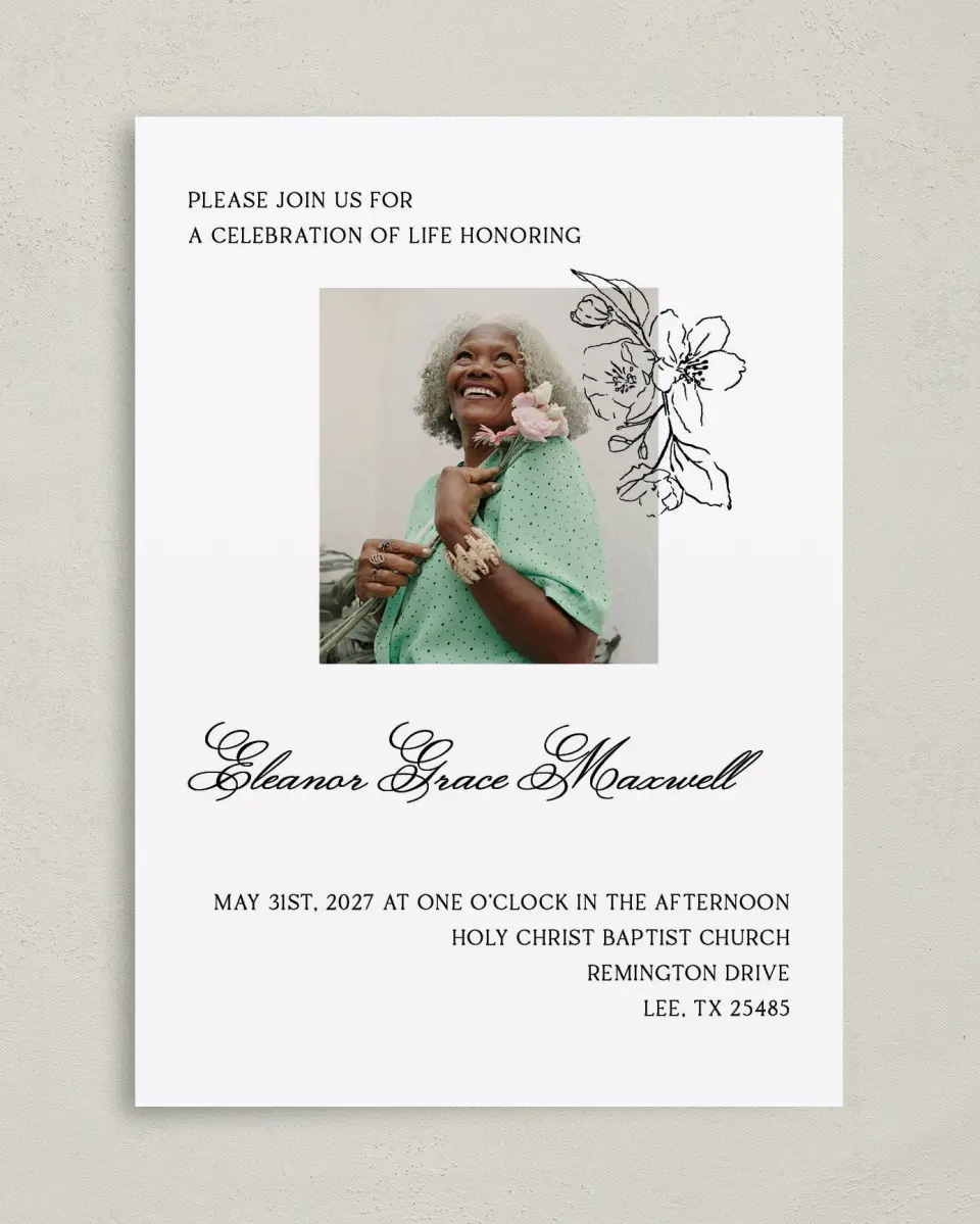 This is a 5" x 7" Celebration of Life Invitation called Peaceful Petals printed in full color on Premium Smooth paper