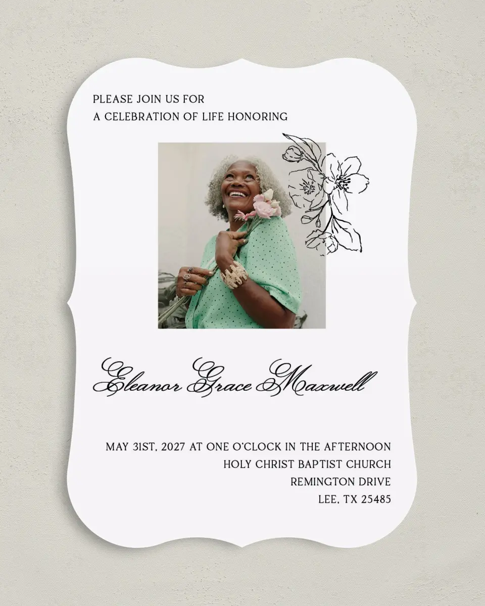 This is a 5" x 7" Celebration of Life Invitation called Peaceful Petals printed in full color on Premium Smooth paper