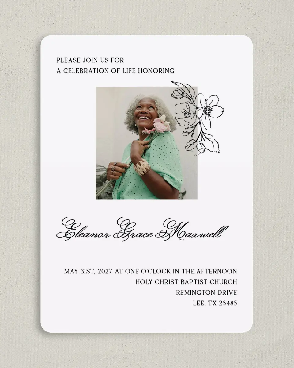 This is a 5" x 7" Celebration of Life Invitation called Peaceful Petals printed in full color with Rose Gold foil on Luxe Satin (coated) paper