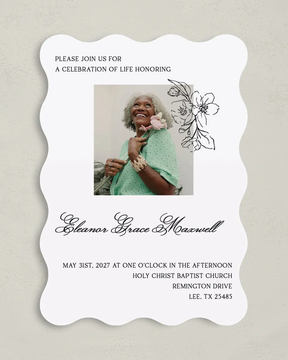 This is a 5" x 7" Celebration of Life Invitation called Peaceful Petals printed in full color with Rose Gold foil on Luxe Satin (coated) paper