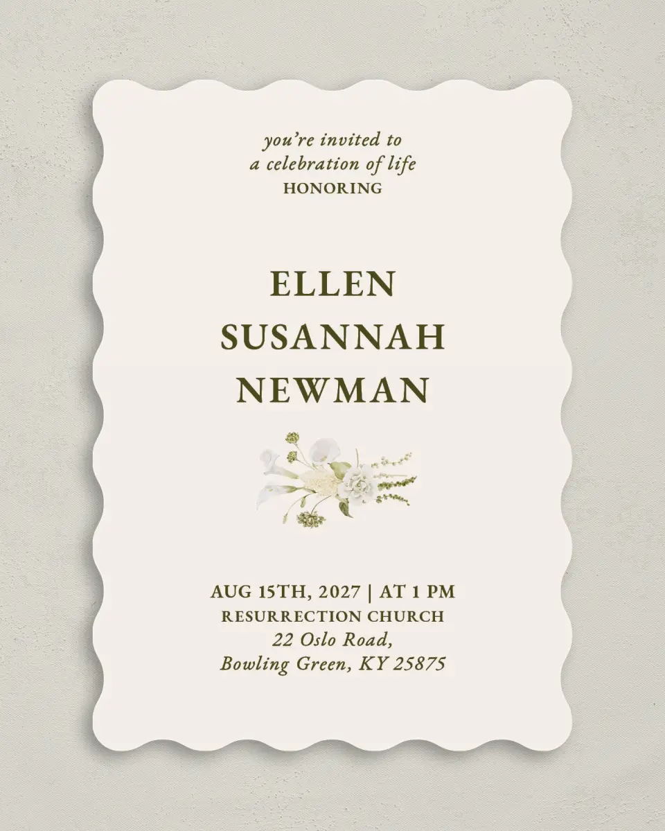 This is a 5" x 7" Celebration of Life Invitation called Lovely Lilies printed in full color with Gold foil on Luxe Satin (coated) paper