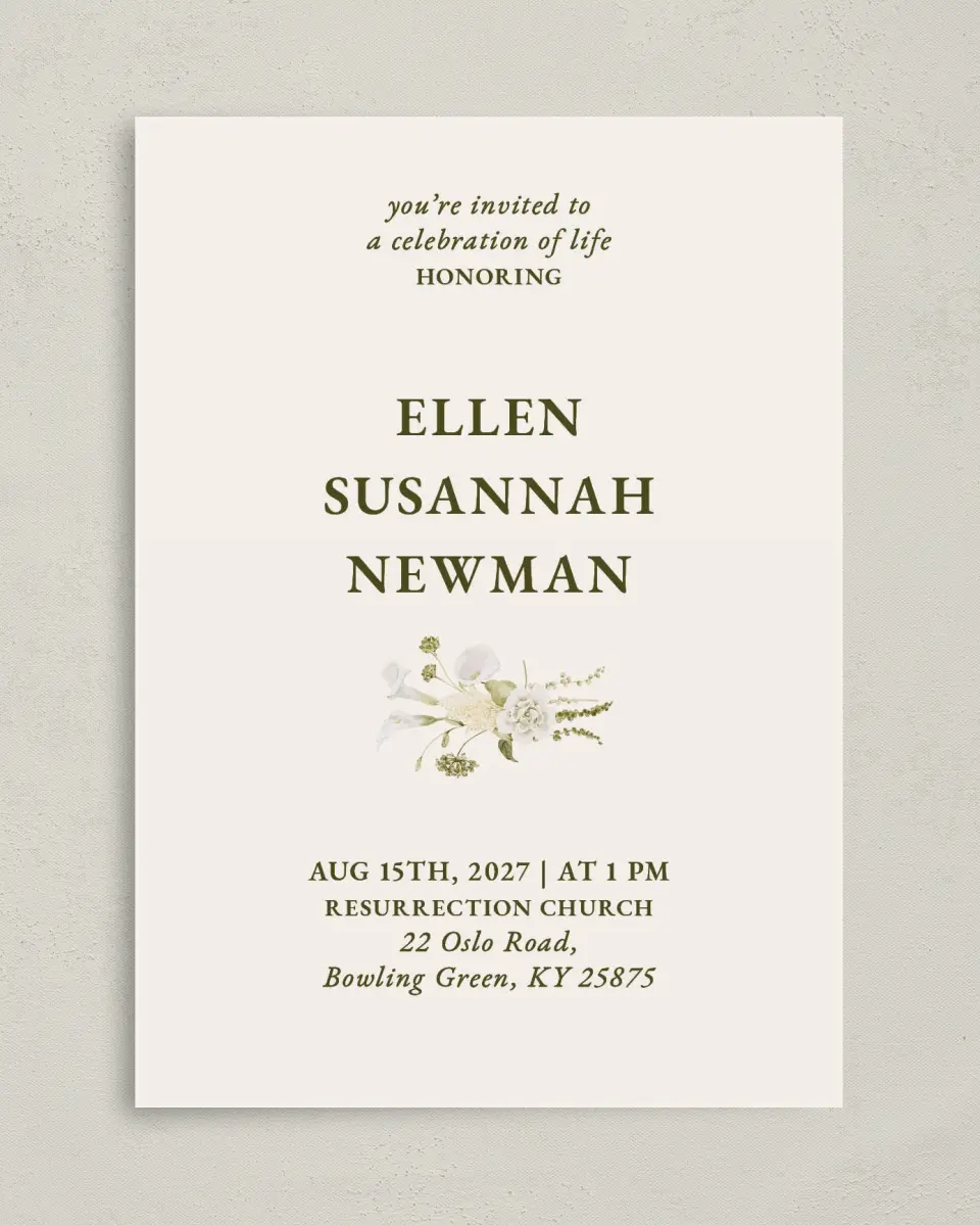 This is a 5" x 7" Celebration of Life Invitation called Lovely Lilies printed in full color on Premium Smooth paper