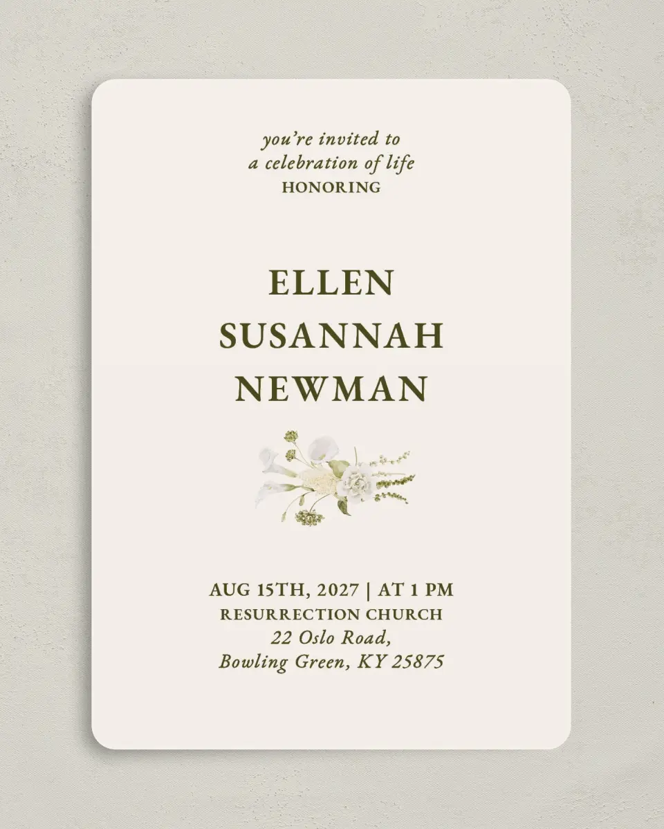 This is a 5" x 7" Celebration of Life Invitation called Lovely Lilies printed in full color with Rose Gold foil on Luxe Satin (coated) paper
