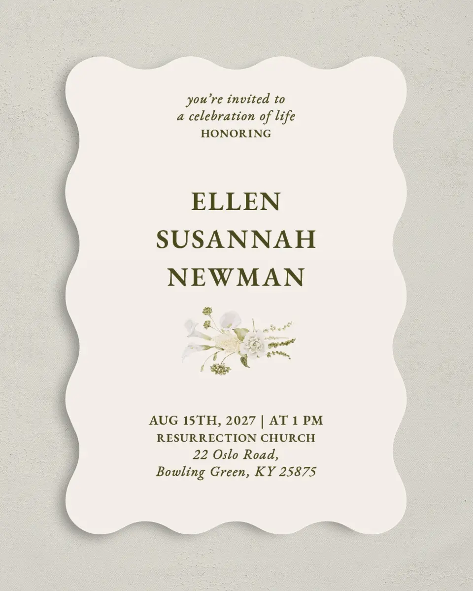 This is a 5" x 7" Celebration of Life Invitation called Lovely Lilies printed in full color with Rose Gold foil on Luxe Satin (coated) paper
