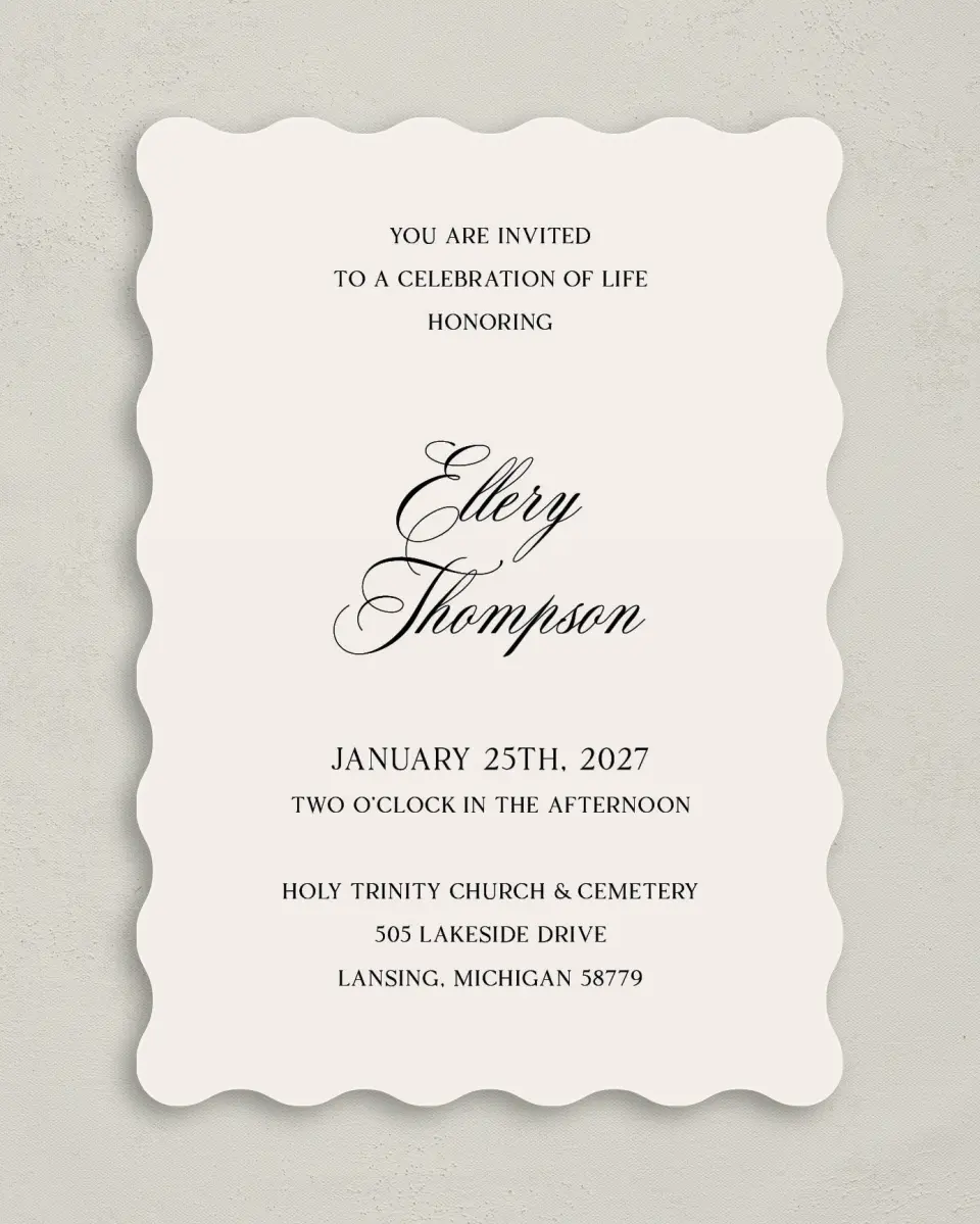 This is a 5" x 7" Celebration of Life Invitation called New Light printed in full color with Rose Gold foil on Luxe Satin (coated) paper
