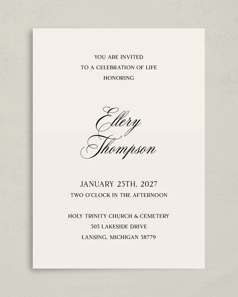 This is a 5" x 7" Celebration of Life Invitation called New Light printed in full color on Premium Smooth paper