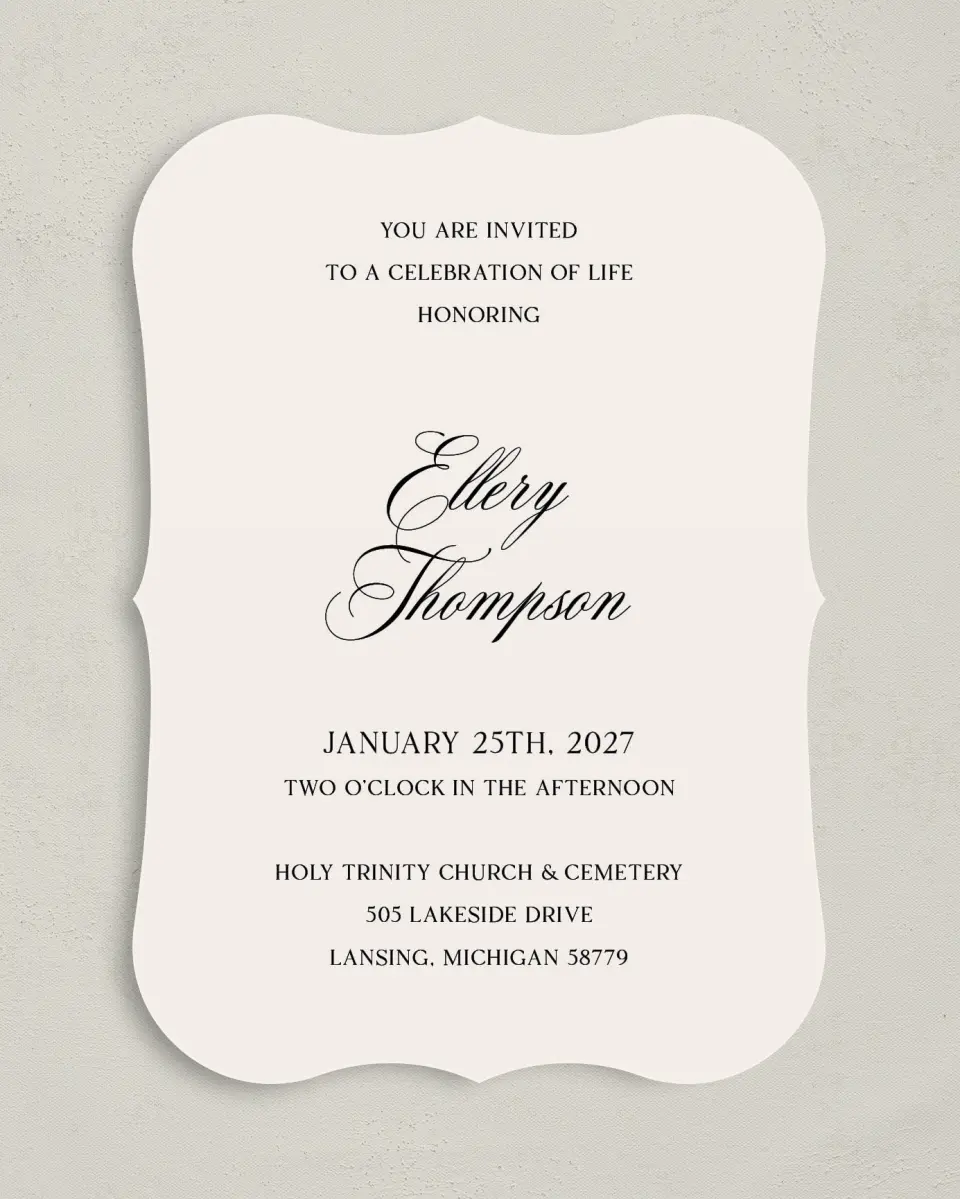 This is a 5" x 7" Celebration of Life Invitation called New Light printed in full color on Premium Smooth paper