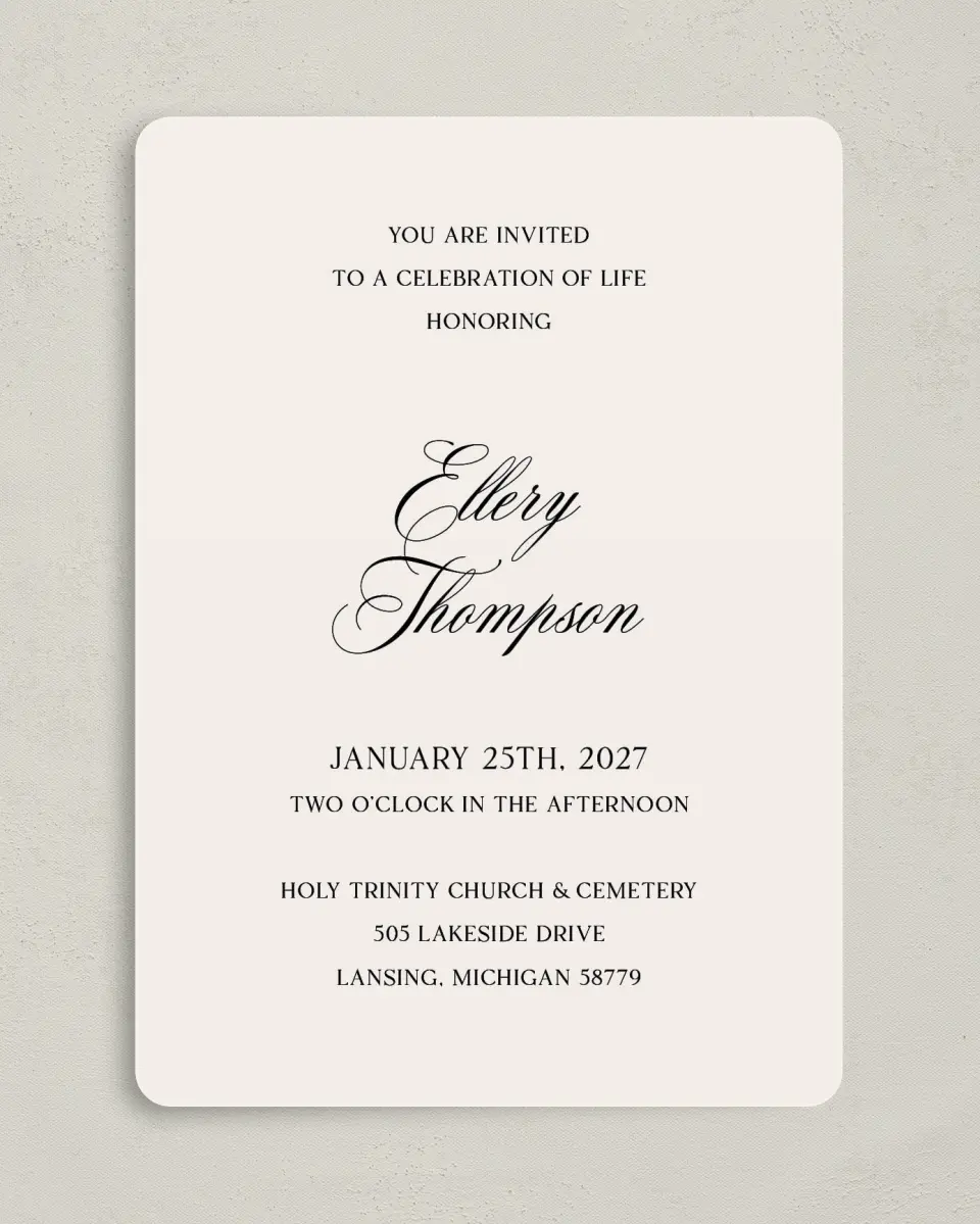 This is a 5" x 7" Celebration of Life Invitation called New Light printed in full color with Rose Gold foil on Luxe Satin (coated) paper