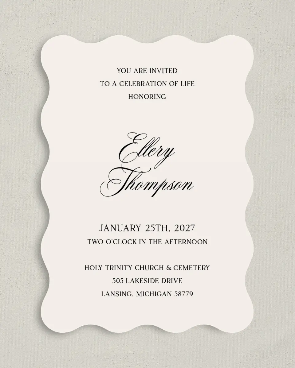 This is a 5" x 7" Celebration of Life Invitation called New Light printed in full color with Rose Gold foil on Luxe Satin (coated) paper
