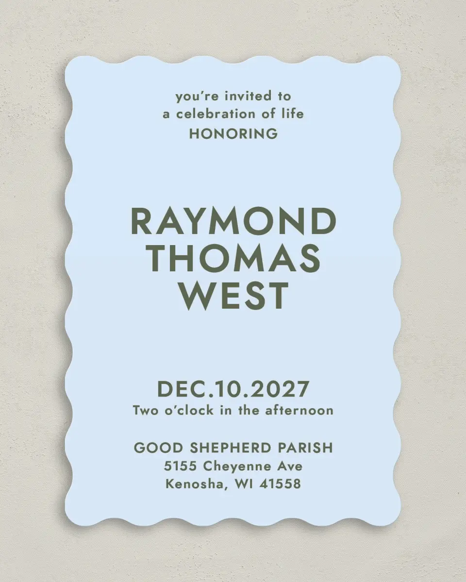 This is a 5" x 7" Celebration of Life Invitation called Typed Memories printed in full color with Gold foil on Luxe Satin (coated) paper
