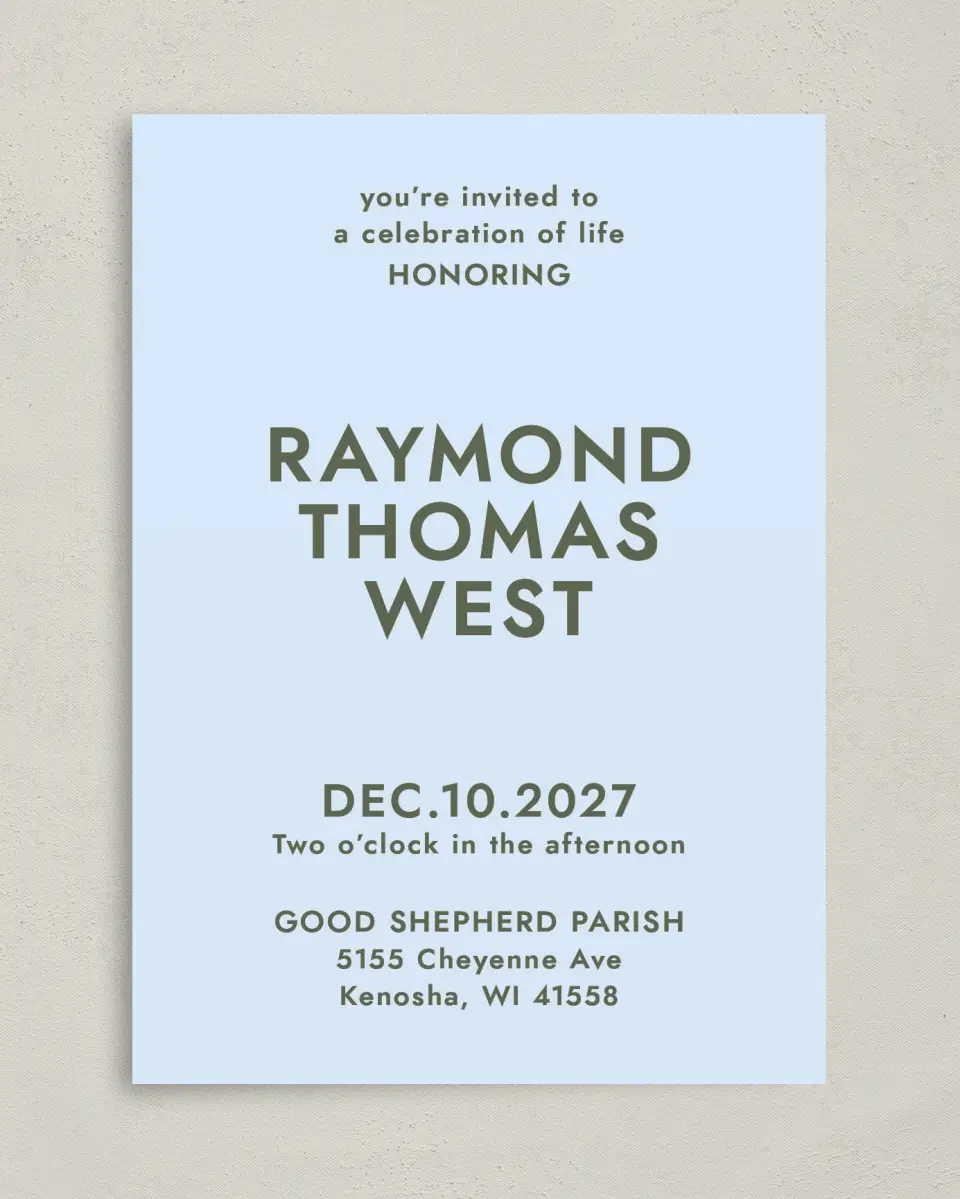 This is a 5" x 7" Celebration of Life Invitation called Typed Memories printed in full color on Premium Smooth paper