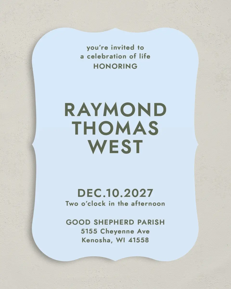 This is a 5" x 7" Celebration of Life Invitation called Typed Memories printed in full color on Premium Smooth paper