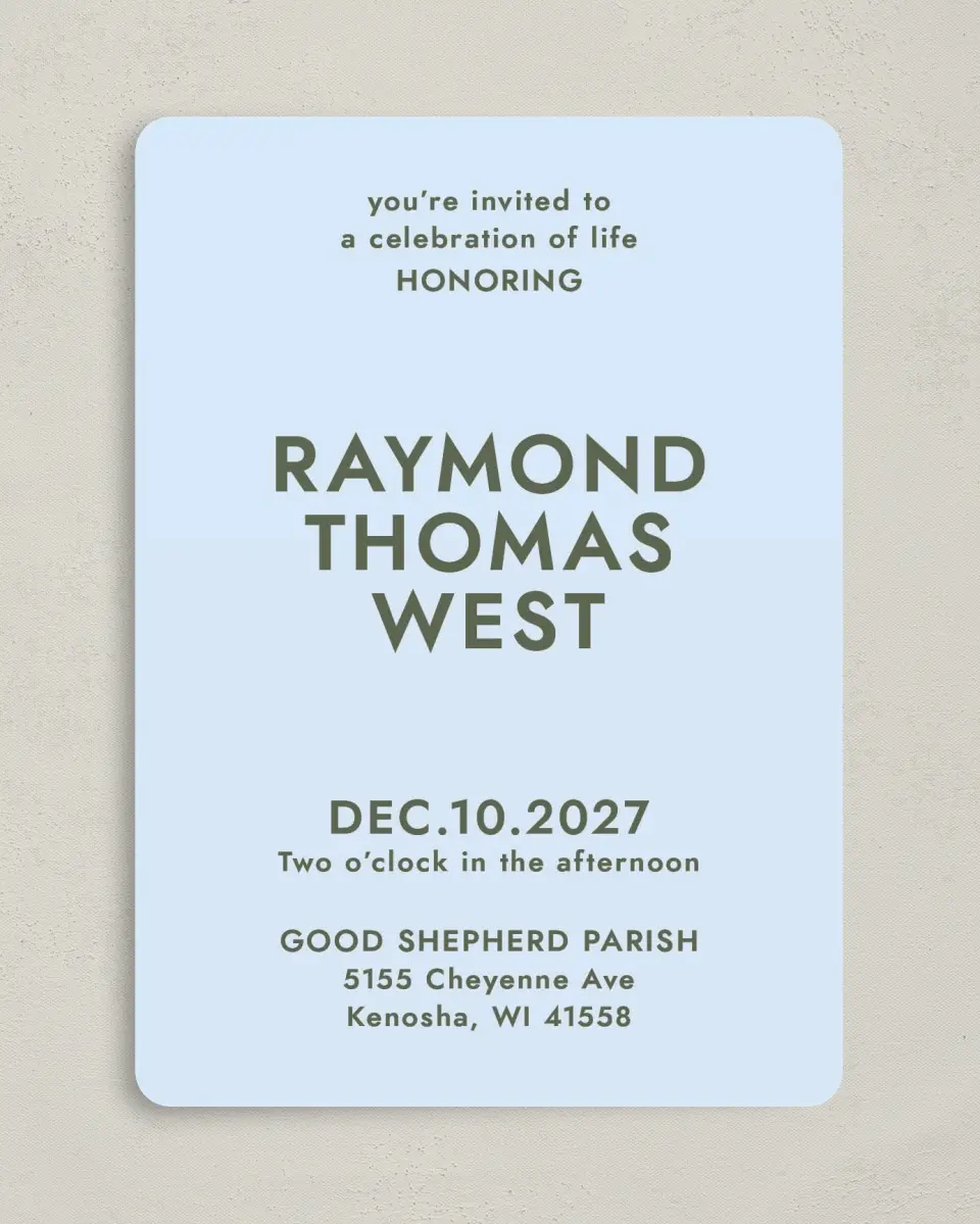 This is a 5" x 7" Celebration of Life Invitation called Typed Memories printed in full color with Rose Gold foil on Luxe Satin (coated) paper