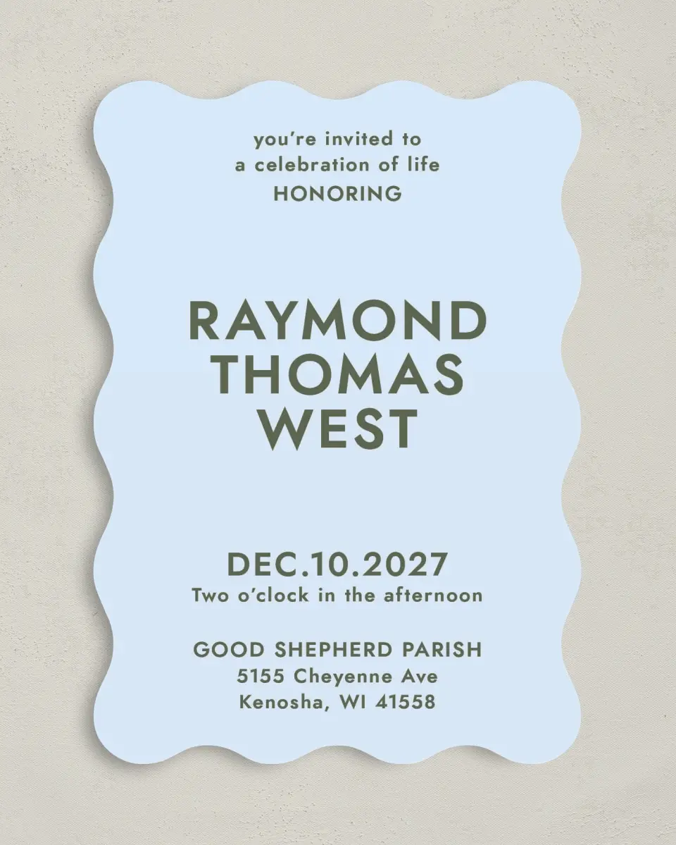 This is a 5" x 7" Celebration of Life Invitation called Typed Memories printed in full color with Rose Gold foil on Luxe Satin (coated) paper