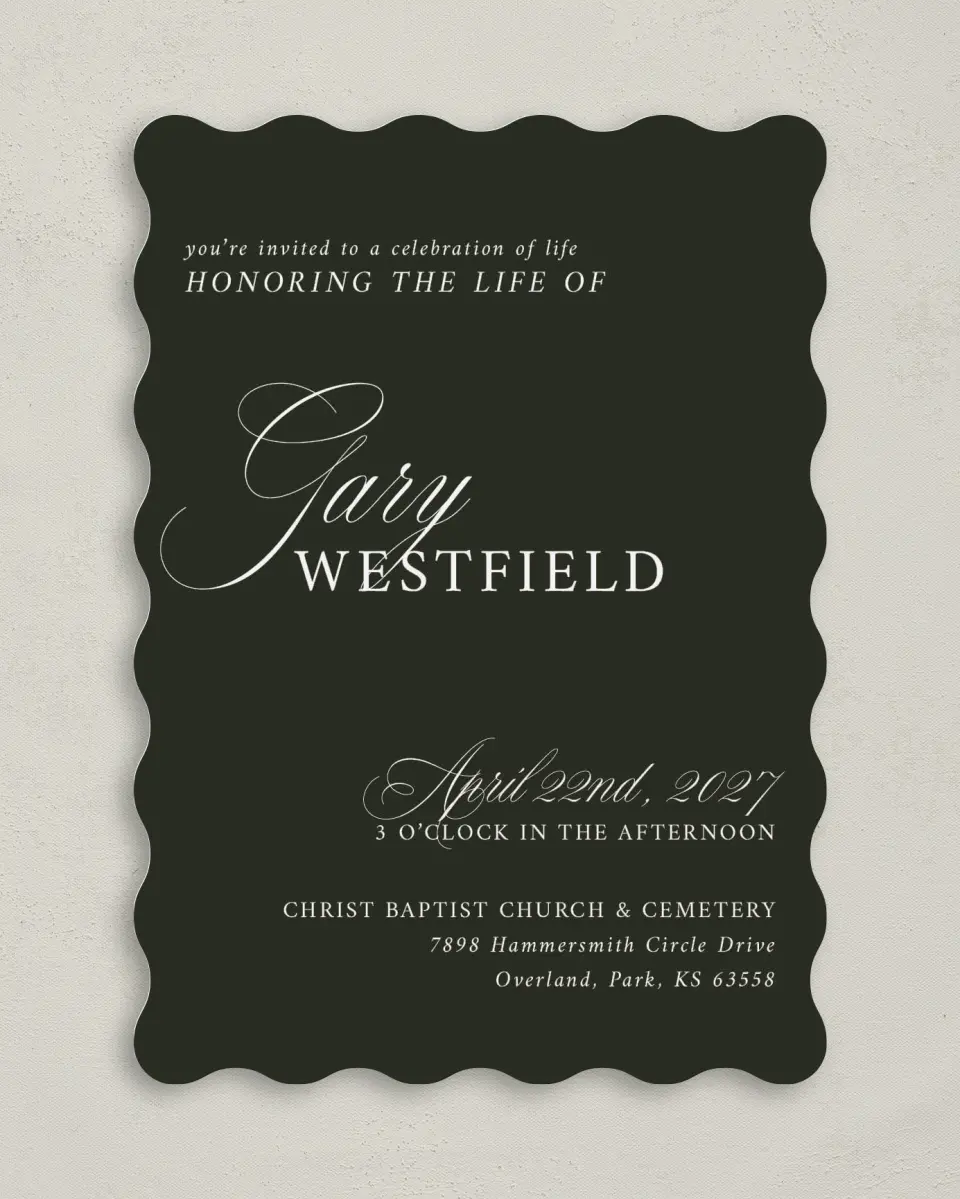 This is a 5" x 7" Celebration of Life Invitation called Leaving a Legacy printed in full color with Rose Gold foil on Luxe Satin (coated) paper