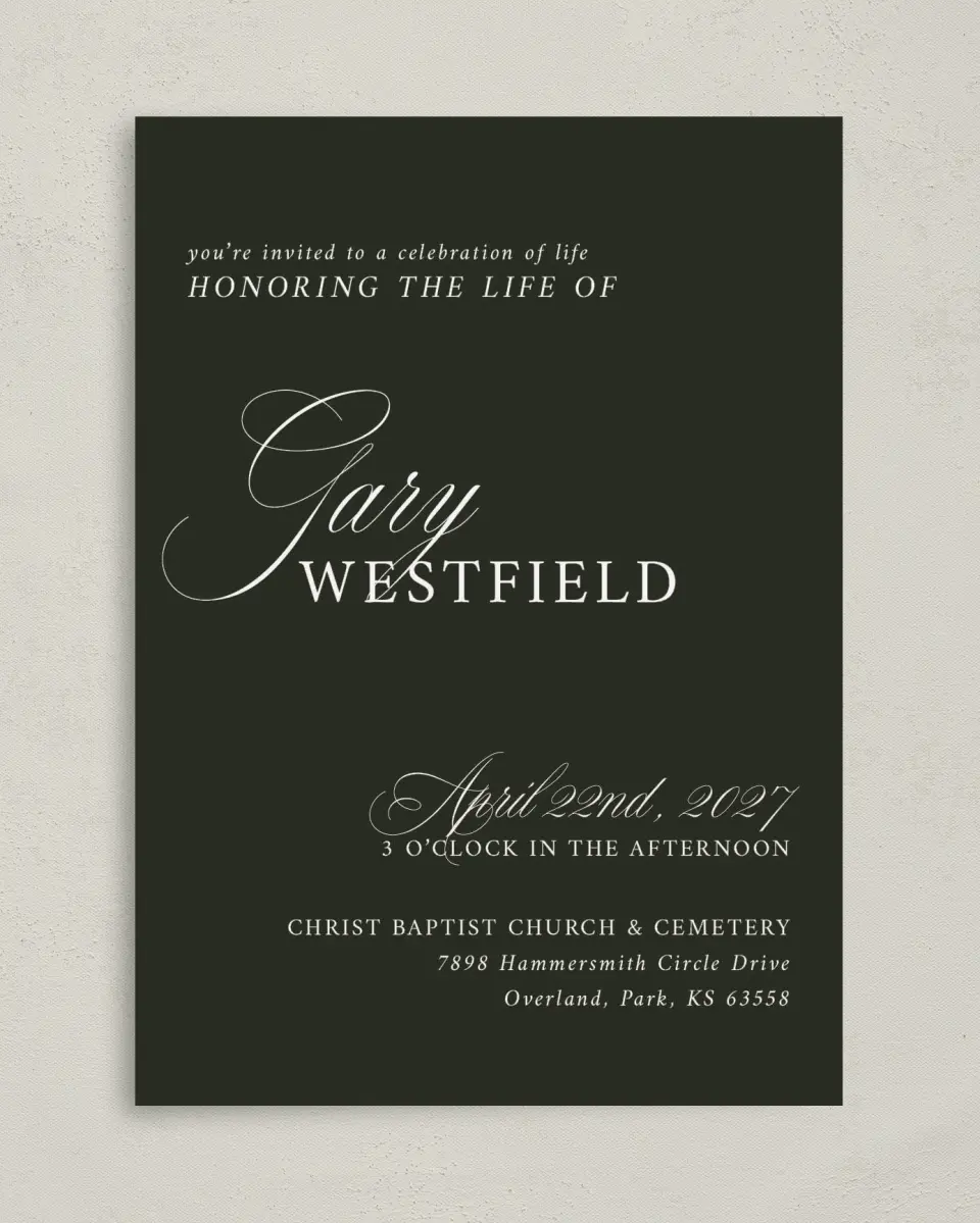 This is a 5" x 7" Celebration of Life Invitation called Leaving a Legacy printed in full color on Premium Smooth paper