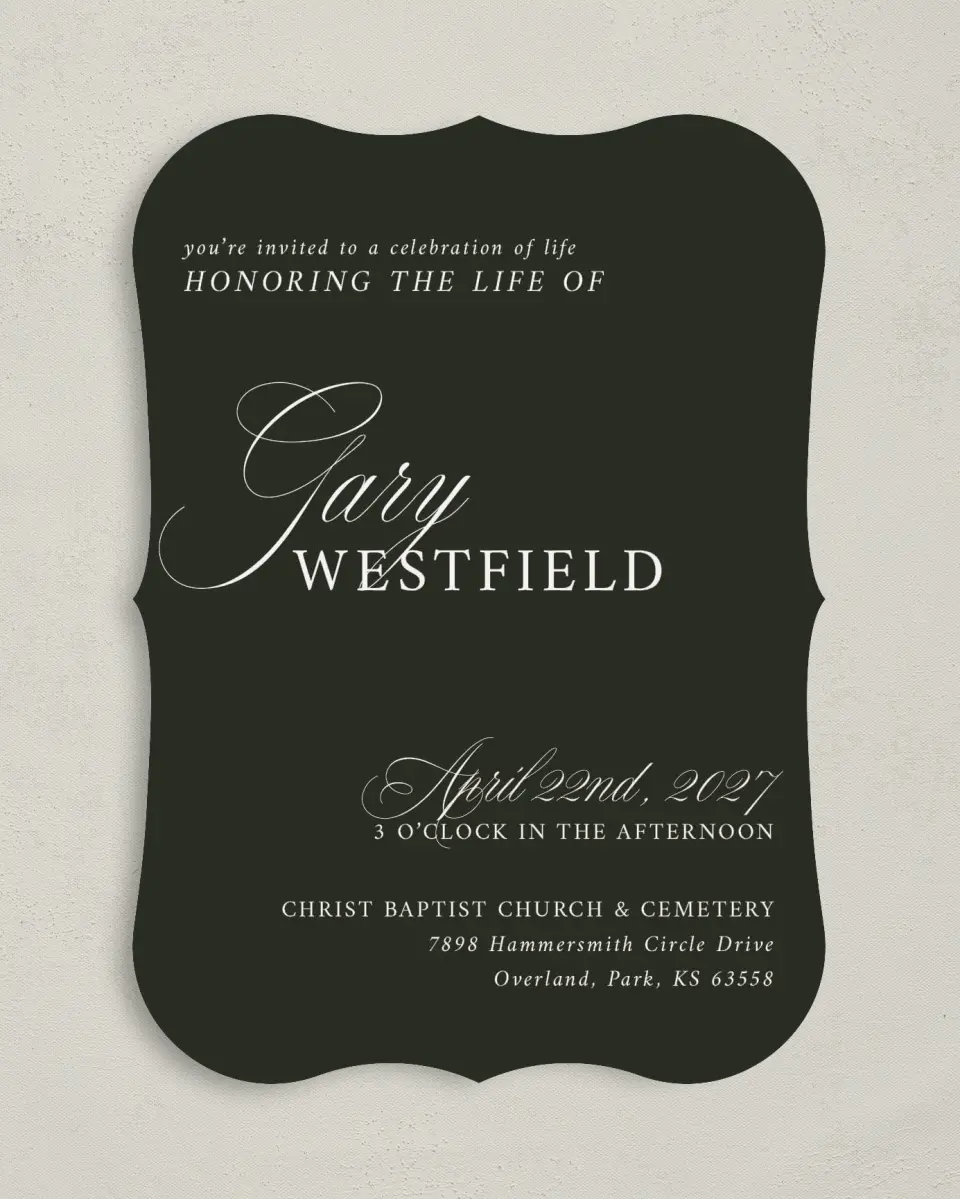 This is a 5" x 7" Celebration of Life Invitation called Leaving a Legacy printed in full color on Premium Smooth paper