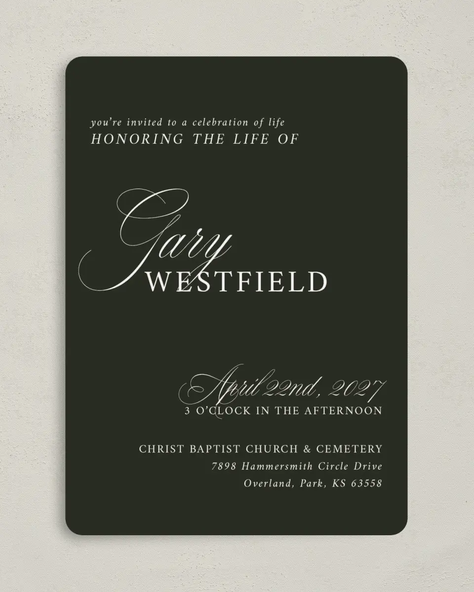 This is a 5" x 7" Celebration of Life Invitation called Leaving a Legacy printed in full color with Rose Gold foil on Luxe Satin (coated) paper