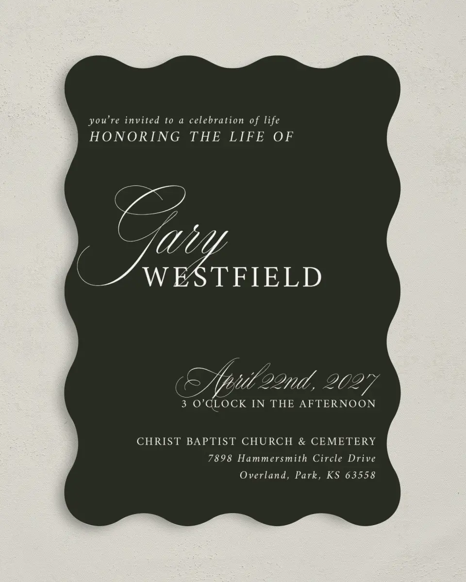 This is a 5" x 7" Celebration of Life Invitation called Leaving a Legacy printed in full color with Rose Gold foil on Luxe Satin (coated) paper