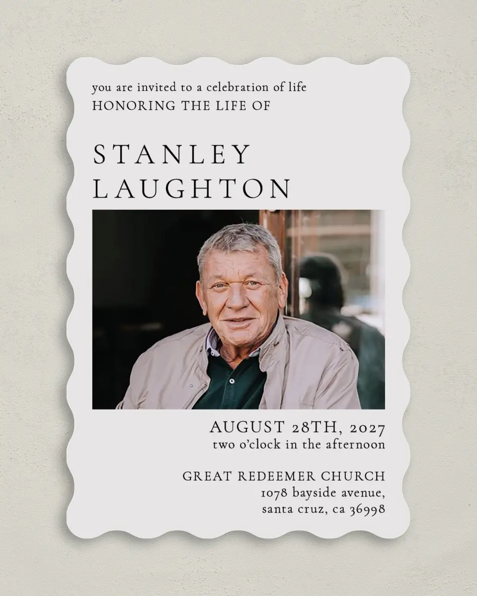 This is a 5" x 7" Celebration of Life Invitation called Remembered Well printed in full color with Rose Gold foil on Luxe Satin (coated) paper
