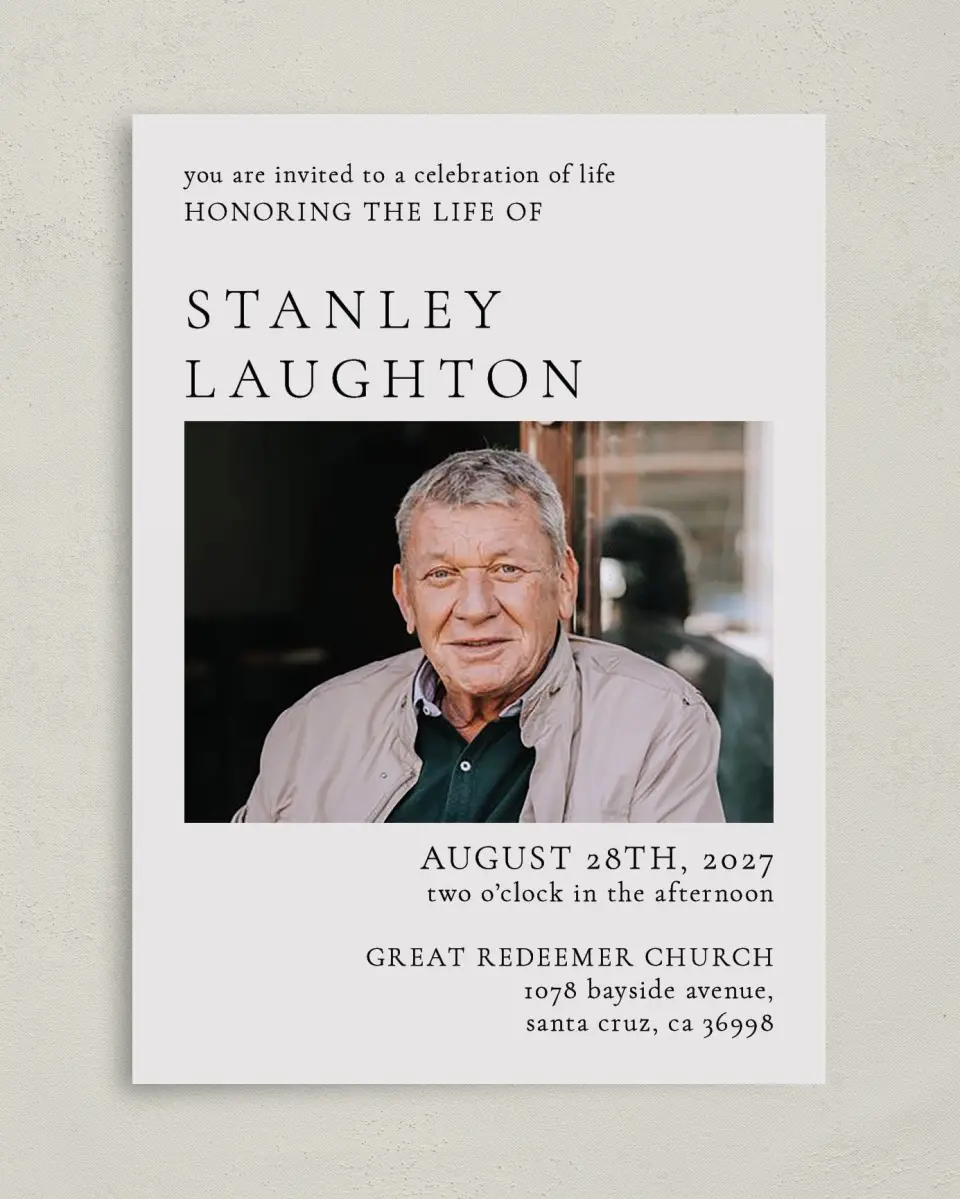 This is a 5" x 7" Celebration of Life Invitation called Remembered Well printed in full color on Premium Smooth paper