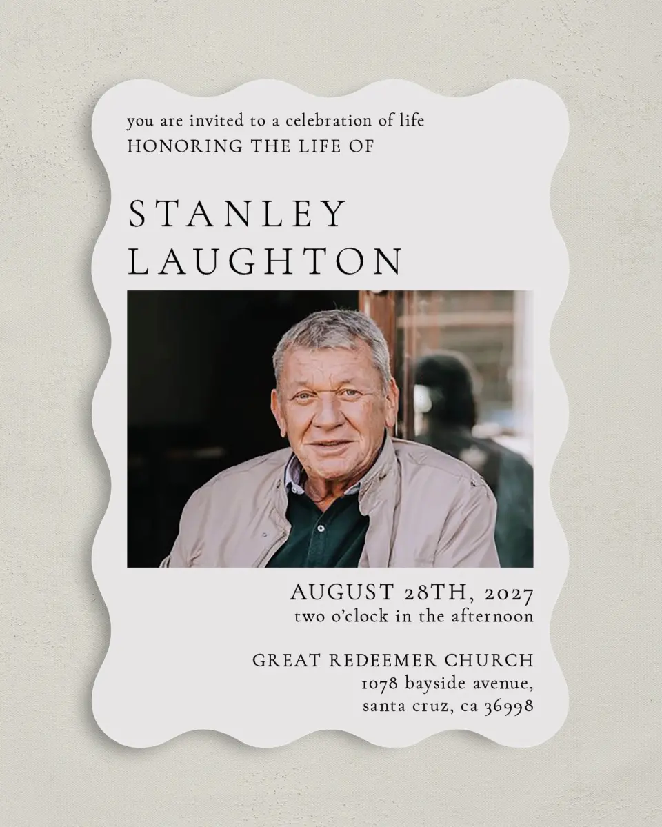 This is a 5" x 7" Celebration of Life Invitation called Remembered Well printed in full color with Rose Gold foil on Luxe Satin (coated) paper