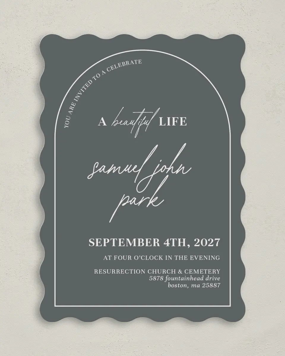 This is a 5" x 7" Celebration of Life Invitation called Remembered Forever printed in full color with Rose Gold foil on Luxe Satin (coated) paper