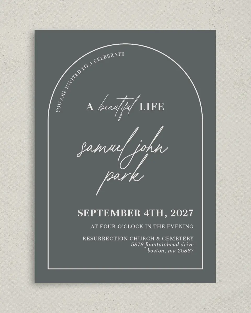 This is a 5" x 7" Celebration of Life Invitation called Remembered Forever printed in full color on Premium Smooth paper
