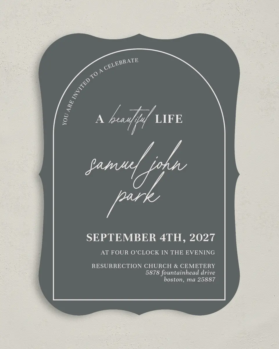 This is a 5" x 7" Celebration of Life Invitation called Remembered Forever printed in full color on Premium Smooth paper