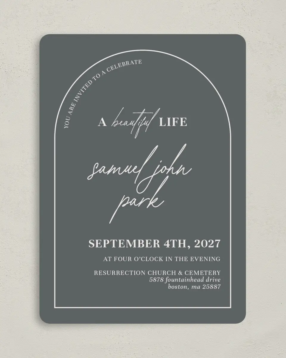 This is a 5" x 7" Celebration of Life Invitation called Remembered Forever printed in full color with Rose Gold foil on Luxe Satin (coated) paper