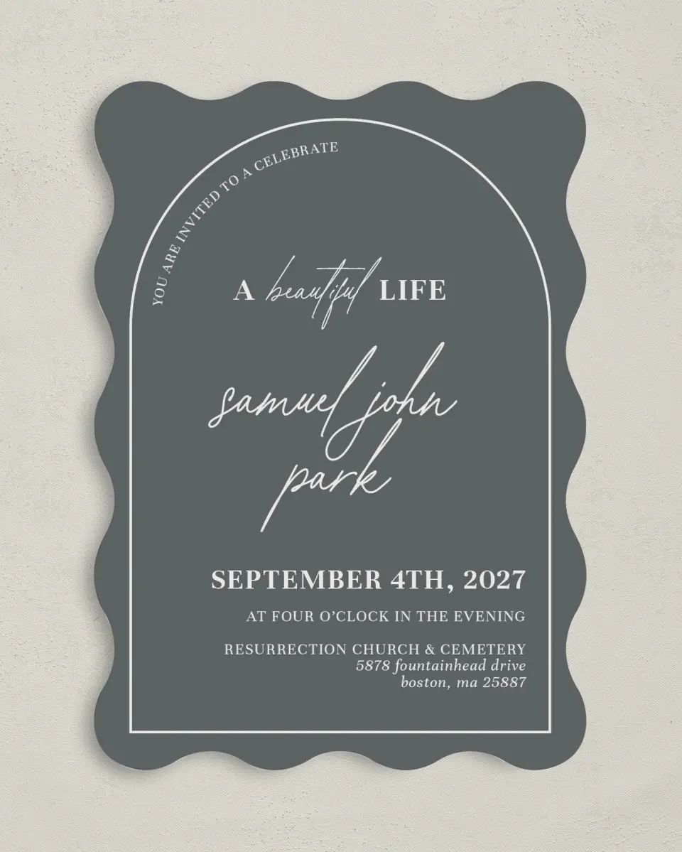 This is a 5" x 7" Celebration of Life Invitation called Remembered Forever printed in full color with Rose Gold foil on Luxe Satin (coated) paper