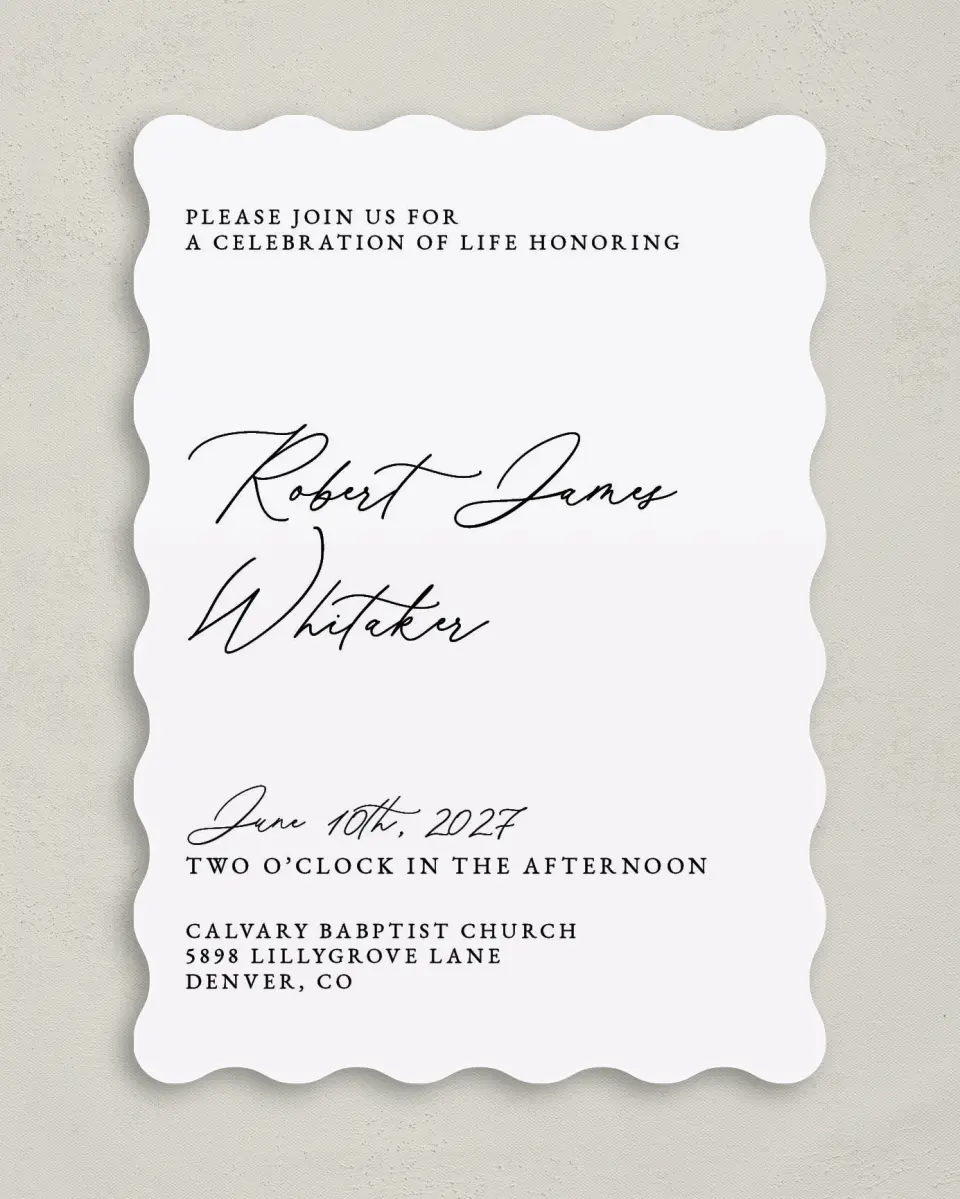This is a 5" x 7" Celebration of Life Invitation called Held & Loved printed in full color with Rose Gold foil on Luxe Satin (coated) paper