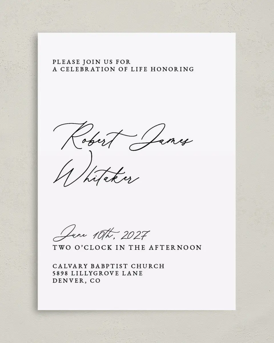 This is a 5" x 7" Celebration of Life Invitation called Held & Loved printed in full color on Premium Smooth paper