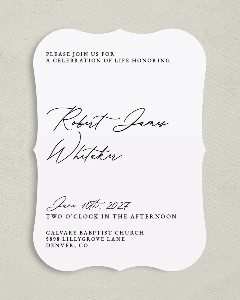 This is a 5" x 7" Celebration of Life Invitation called Held & Loved printed in full color on Premium Smooth paper