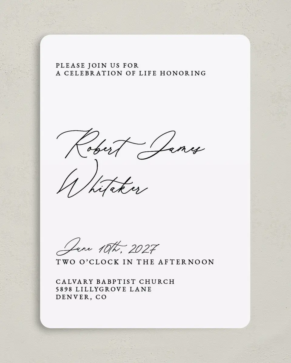 This is a 5" x 7" Celebration of Life Invitation called Held & Loved printed in full color with Rose Gold foil on Luxe Satin (coated) paper