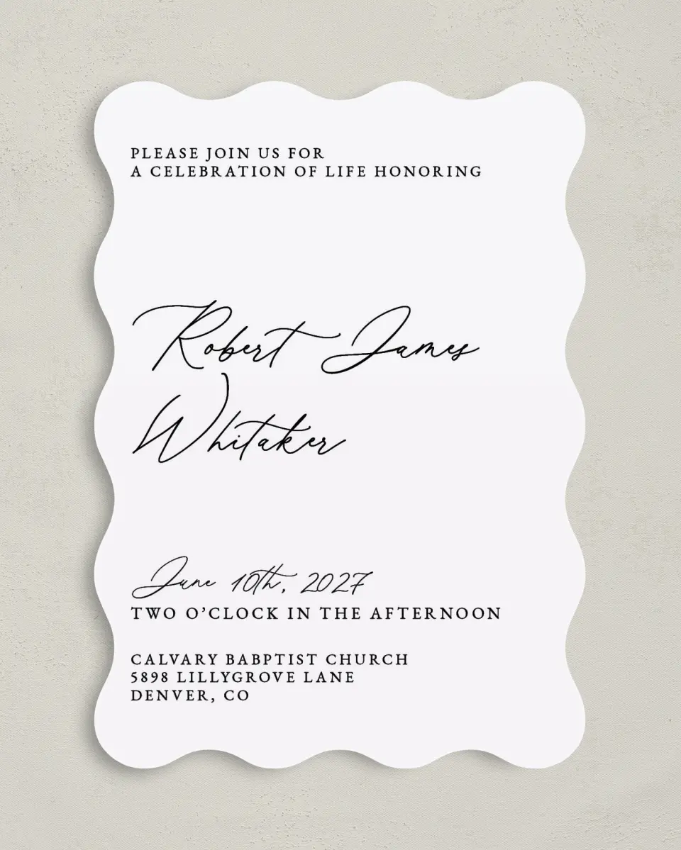 This is a 5" x 7" Celebration of Life Invitation called Held & Loved printed in full color with Rose Gold foil on Luxe Satin (coated) paper