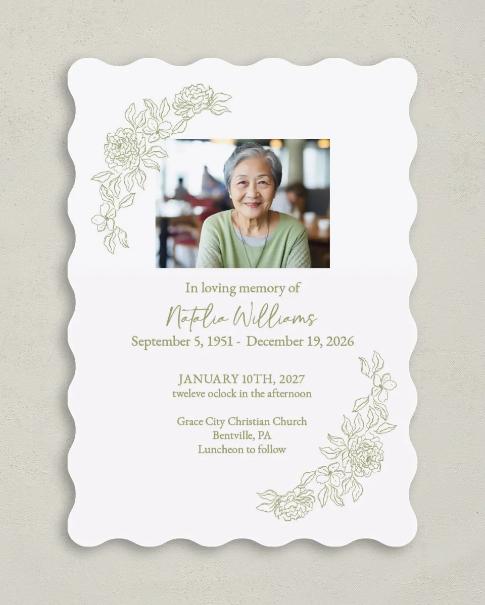 This is a 5" x 7" Celebration of Life Invitation called Forever Flourishing printed in full color with Rose Gold foil on Luxe Satin (coated) paper