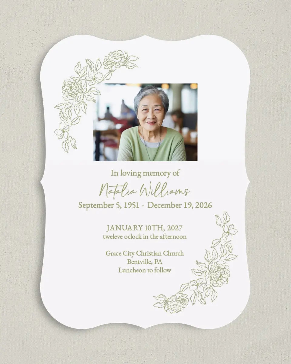 This is a 5" x 7" Celebration of Life Invitation called Forever Flourishing printed in full color on Premium Smooth paper