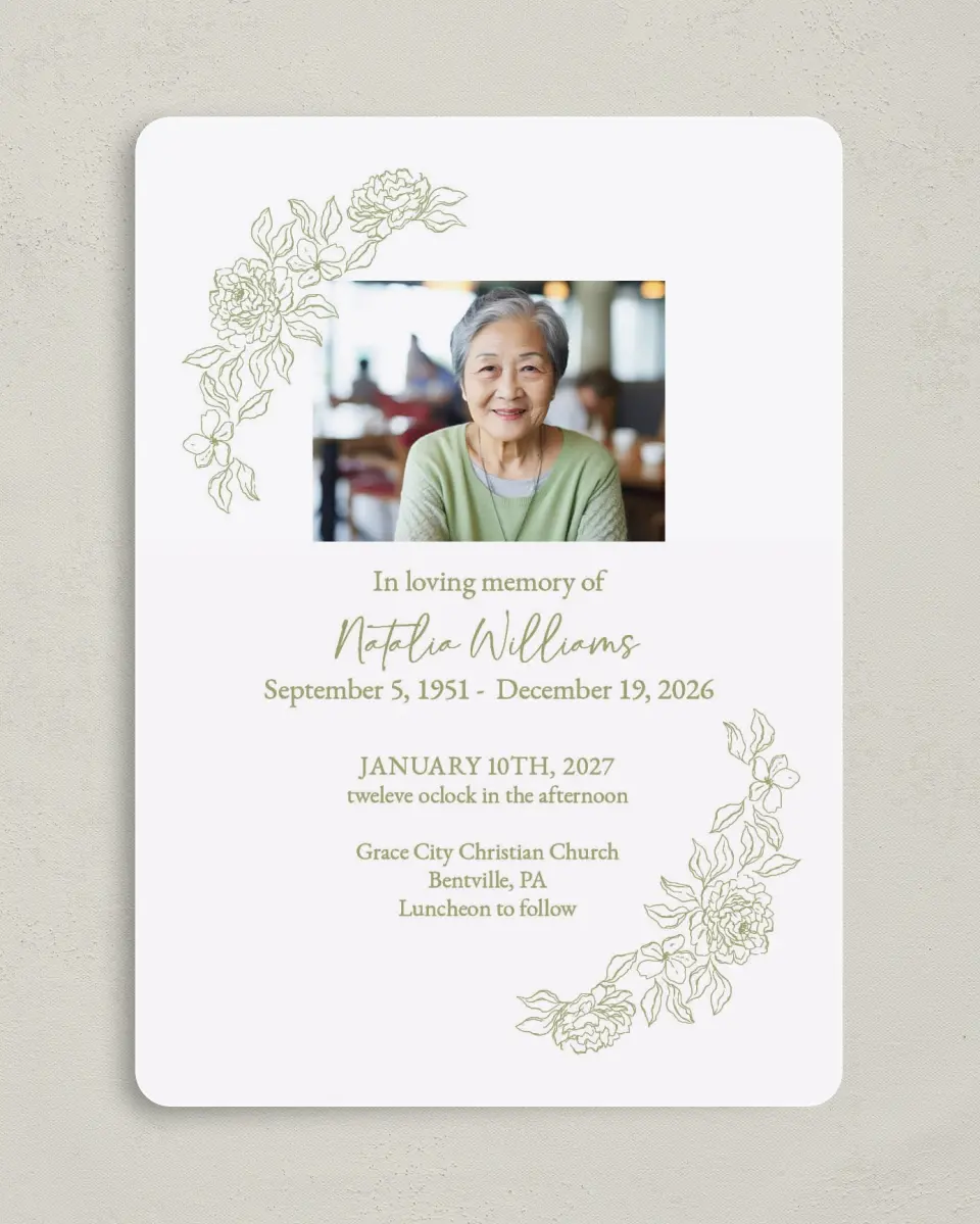 This is a 5" x 7" Celebration of Life Invitation called Forever Flourishing printed in full color with Rose Gold foil on Luxe Satin (coated) paper