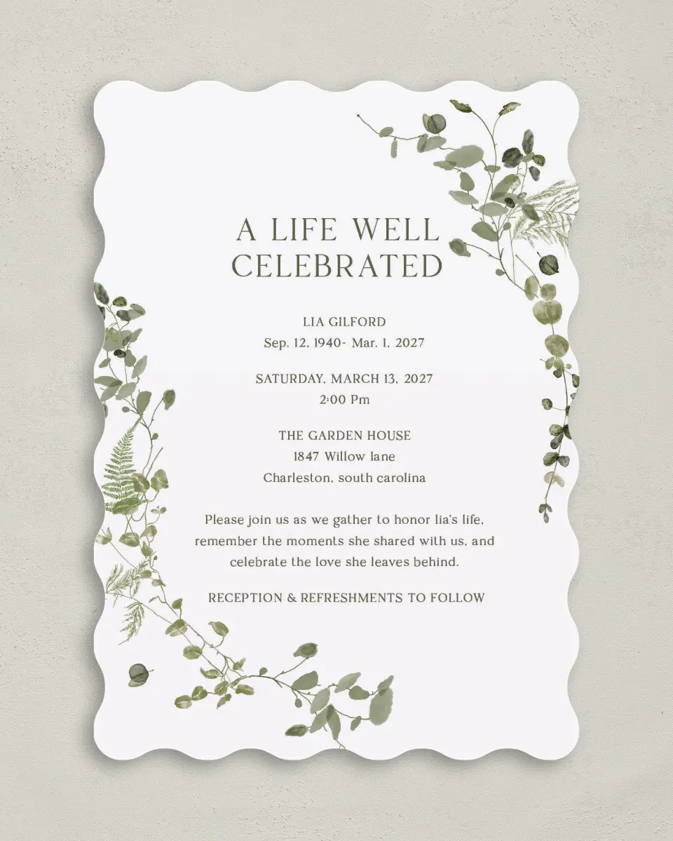 This is a 5" x 7" Celebration of Life Invitation called Life Legacy printed in full color with Gold foil on Luxe Satin (coated) paper