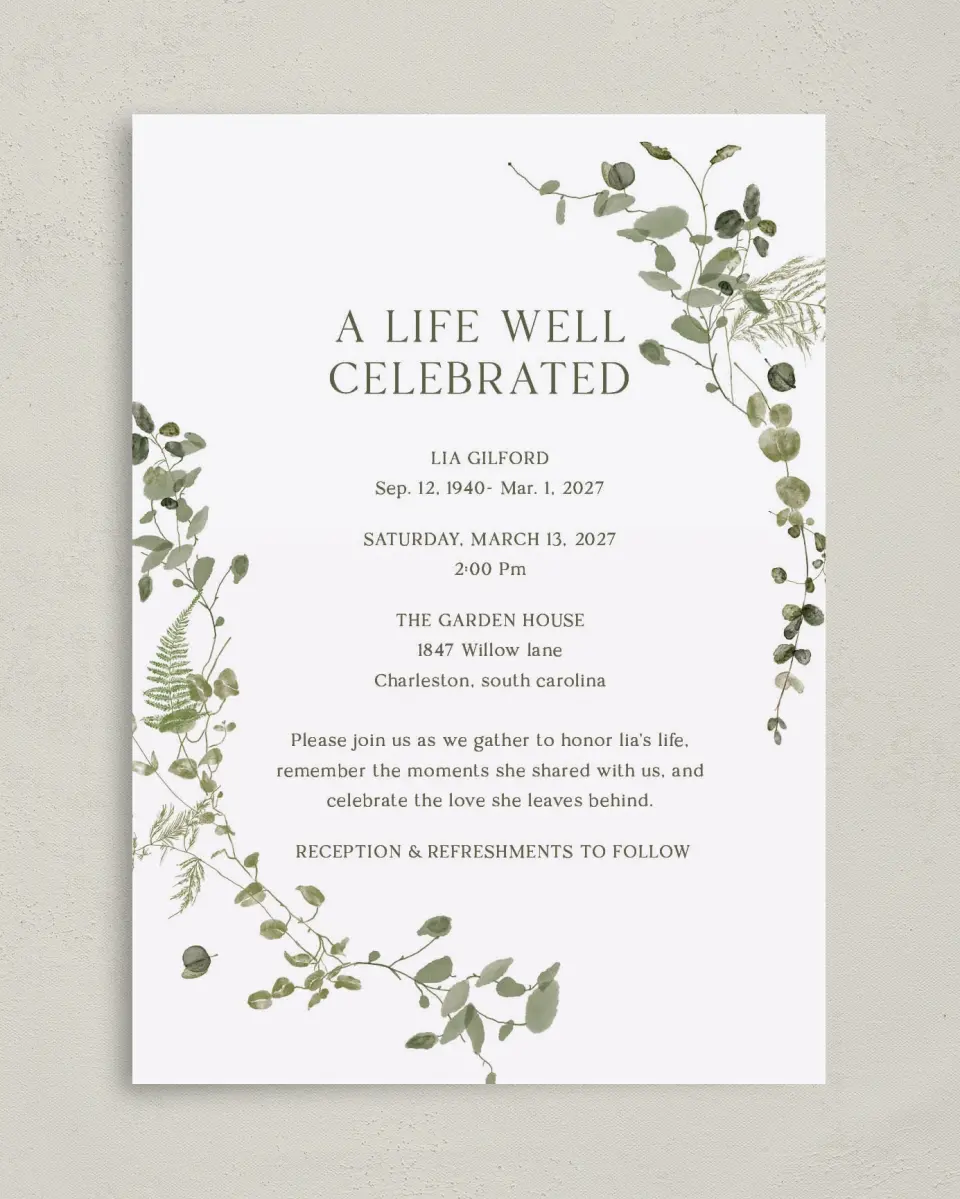 This is a 5" x 7" Celebration of Life Invitation called Life Legacy printed in full color on Premium Smooth paper