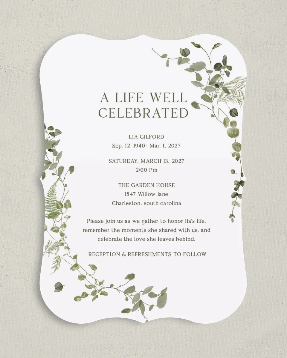 This is a 5" x 7" Celebration of Life Invitation called Life Legacy printed in full color on Premium Smooth paper